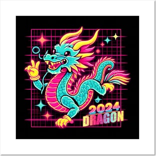 CUTE YEAR OF THE DRAGON 2024 80'S NEON VIBE RETRO Posters and Art